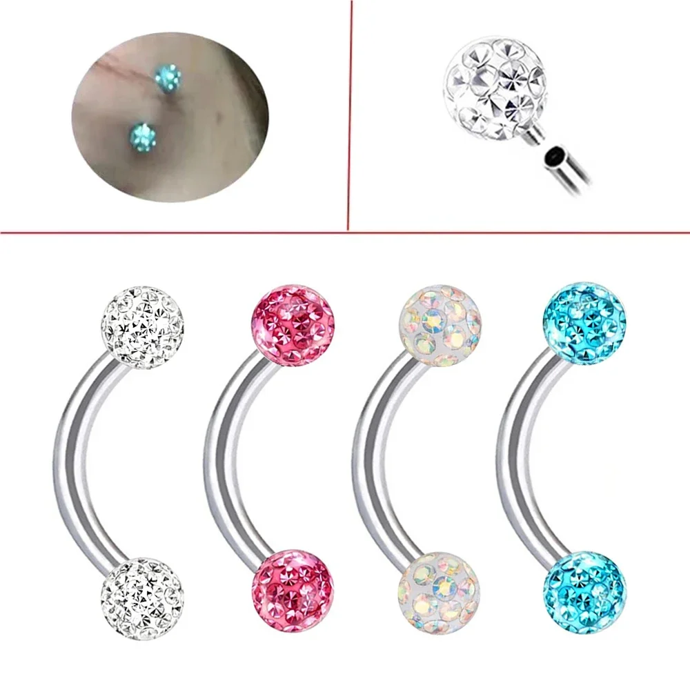 Eyebrow Curved Barbell - หลายสีอีพ็อกซี่คริสตัล 6-10 มม.เหล็กเกลียวภายในแหวนคิ้ว 3/4/5 มม.โค้ง barbell