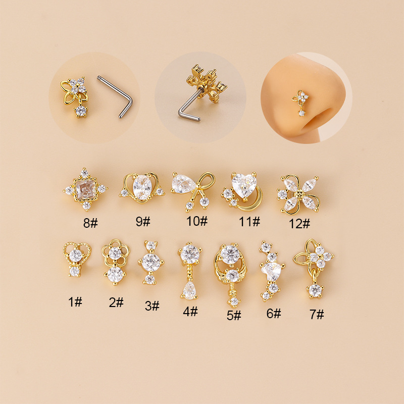 Body Jewelry Nose Ring - จิวเจาะจมูกทรงตัวแอลประดับเพชรคิวบิกเซอร์โคเนีย 20 กรัม ทำจากเหล็กกล้าไร้สนิม 316L สำหรับเจาะจมูก