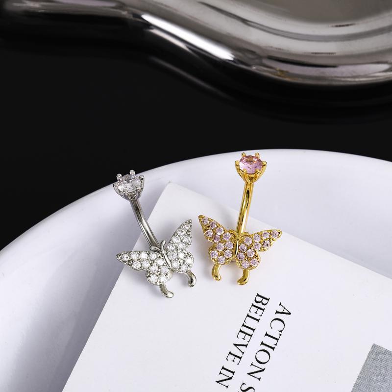 Body Jewelry Universe - แหวนเจาะสะดือรูปผีเสื้อประดับเพชรซิคอน สไตล์ Y2K ขนาดมาตรฐาน เหมาะสำหรับเจาะสะดือ เครื่องประดับร่างกาย