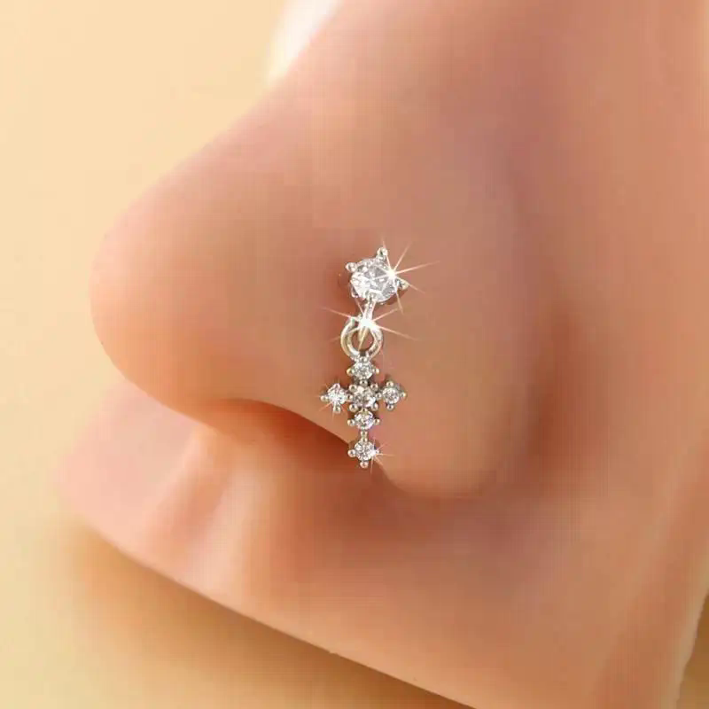 Body Jewelry Nose Ring - จิวจมูกแบบห้อยสำหรับผู้หญิง ประดับเพชรซิคอนรูปกากบาท เครื่องประดับเจาะจมูก รูปตัว L ต่างหูจมูก