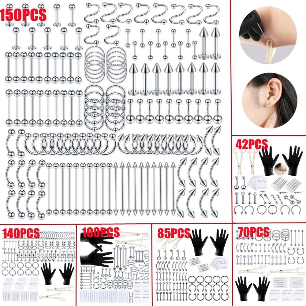 Body Jewelry Nipple Rings - ชุดอุปกรณ์เจาะร่างกาย 150/140/85/70/42 ชิ้น ชุดเครื่องประดับสำหรับเจาะสะดือ ลิ้น คิ้ว