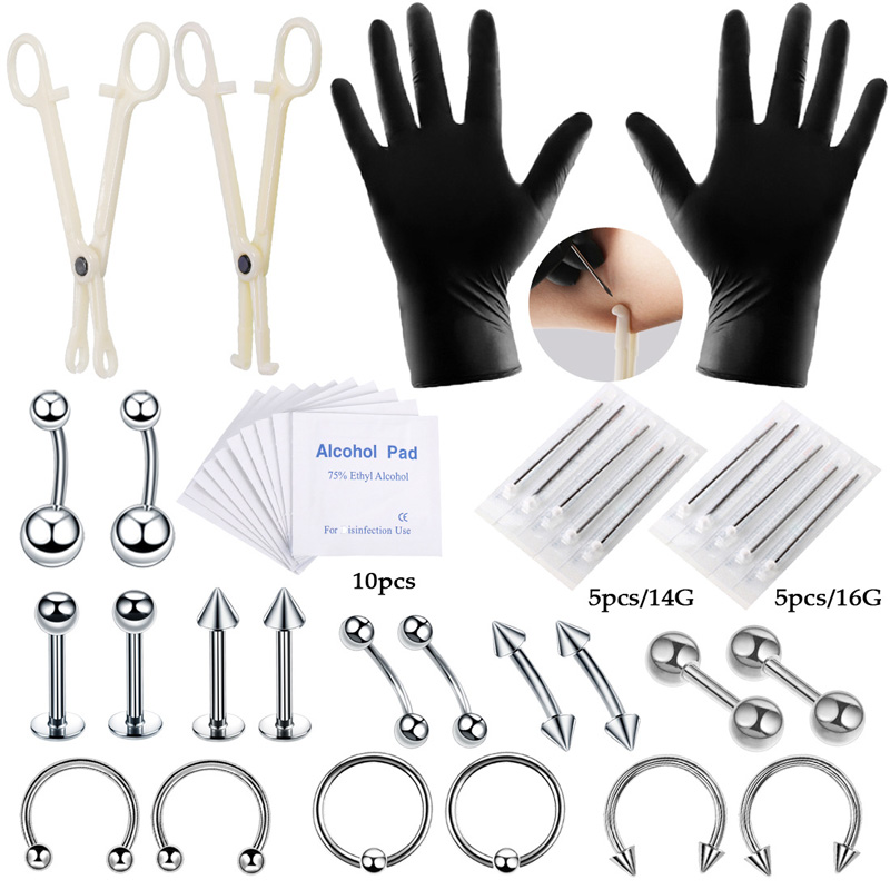 Body Jewelry Nipple Rings - 42ชิ้น/เซ็ตชุดเครื่องมือเจาะรูเข็มเจาะ Clamp ถุงมือคีมหัวนมจมูกคิ้ว Eyebrow Belly แหวนเครื่องประดับ