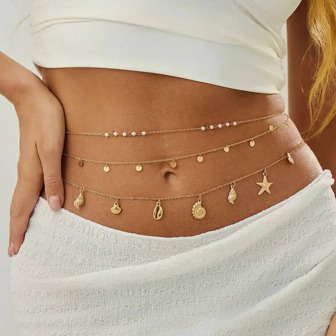 Body Jewelry By The Chain Gang - IngeSight.Z 3 ชิ้น/เซ็ตโบโฮปลาดาวเปลือกหอยจี้เอวโซ่ผู้หญิงฤดูร้อนชายหาดเซ็กซี่บิกินี่เข็มขัดเครื่องประดับร่างกายอุปกรณ์เสริม