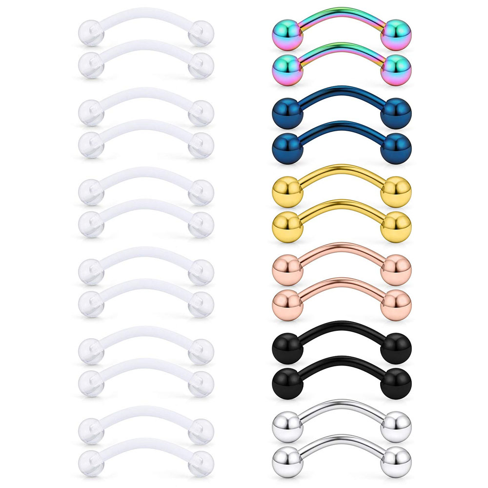 Eyebrow Curved Barbell - คีมหนีบบาร์เบลล์สแตนเลส2ชิ้นตัวยึดลิ้นแบบใสทำจากอะคริลิคแบบโค้ง16กรัม