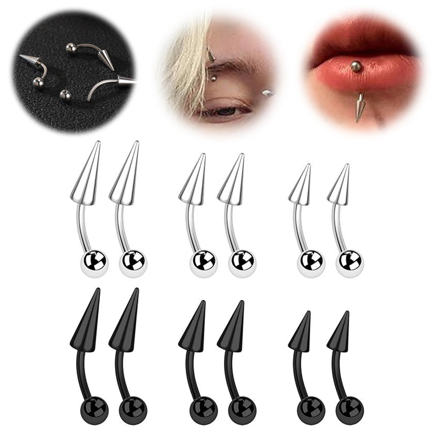 Eyebrow Curved Barbell - 1PC 16G ยาว SPIKE สะพานสแตนเลสสตีลแหวนคิ้วโค้ง Barbell