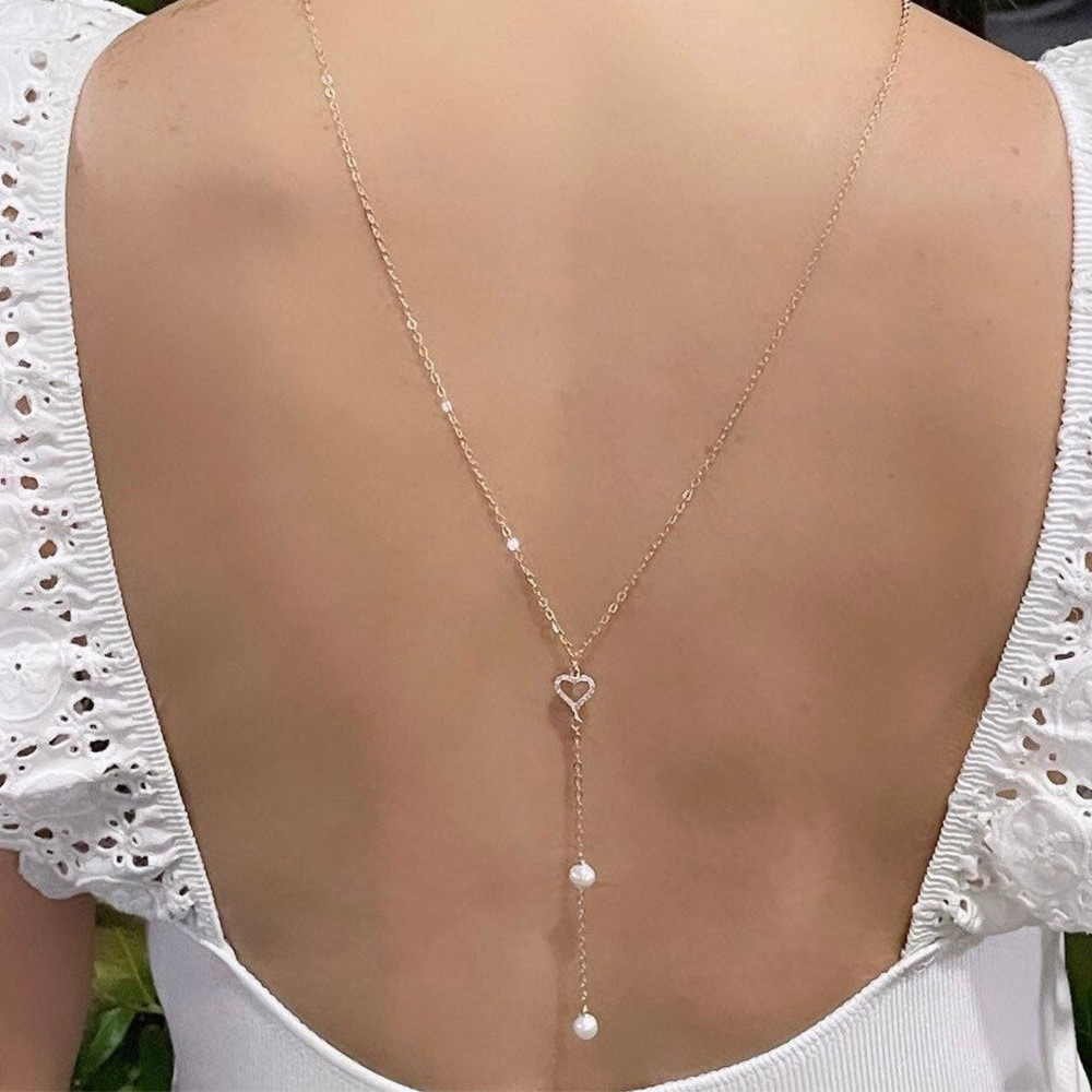 Body Jewelry For Backless Dress - สร้อยคอหลังเจ้าสาวแบบกลวง ประดับมุกและพู่ห้อย เรียบหรู สำหรับชุดแต่งงาน ผู้หญิง