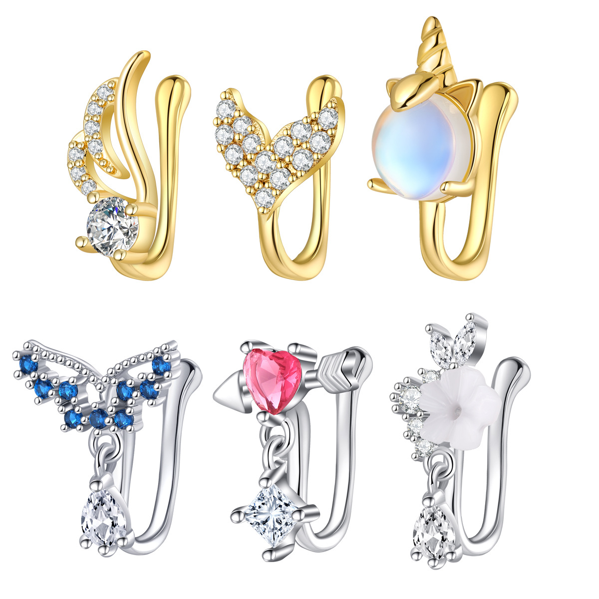 Body Jewelry Nose Ring - เครื่องประดับเจาะจมูกปลอมทองแดงคุณภาพสูงพร้อมข้อมือจมูก CZ ไม่มีคลิปเจาะบนแหวนจมูกสําหรับผู้หญิง Faux เจาะ