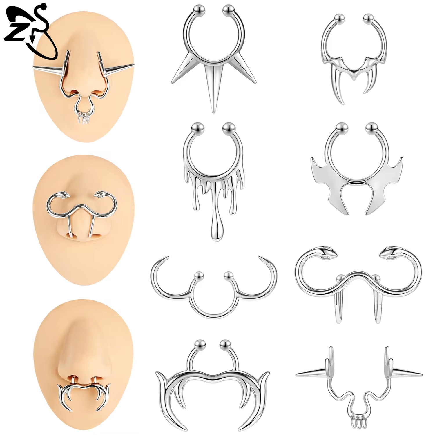 Body Jewelry Nose Ring - ZS แหวนติดผนังปลอมสไตล์พังก์สำหรับผู้ชายผู้หญิง1ชิ้นจิวเวอรี่จิ้งจมูกแบบไม่เรียบ