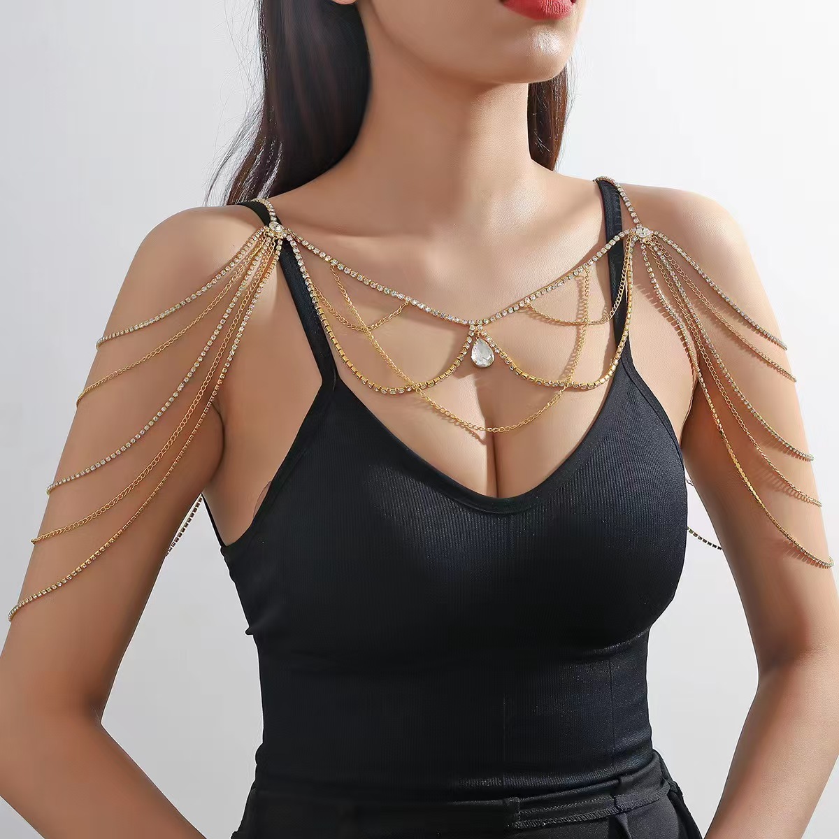 Body Jewelry Hot - สร้อยคล้องไหล่หลายชั้นประดับเพชรทรงเรขาคณิตสุดฮิต ดีไซน์เก๋ไก๋ โดดเด่นสะดุดตา เหมาะสำหรับใส่ไปไนต์คลับ แฟชั่นทันสมัย ระยิบระยับ