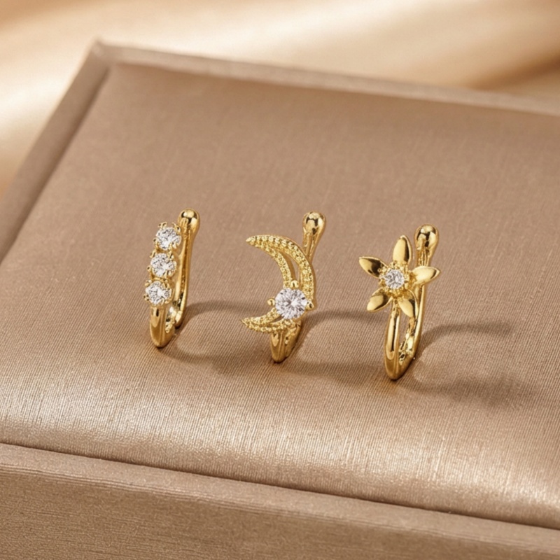 Body Jewelry Nose Ring - ชุดคลิปหนีบจมูกสไตล์เรโทร 3 ชิ้น วัสดุทองแดงฝังเพชรซิคอนเทียม ของขวัญวันหยุดสำหรับครอบครัวและเพื่อนๆ