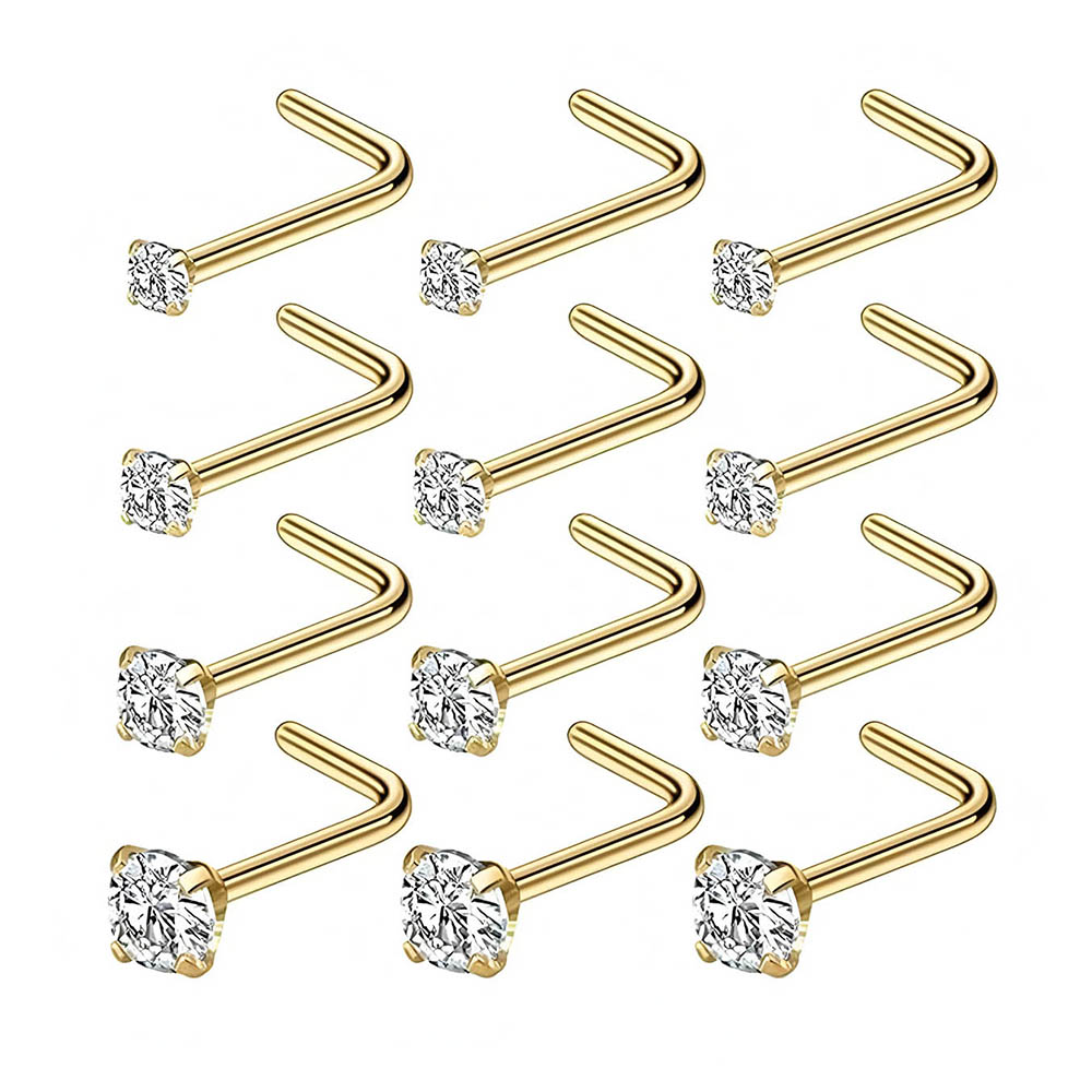 Body Jewelry Nose Ring - ชุดต่างหูเจาะจมูกแบบตัวแอล 12 ชิ้น ทำจากสแตนเลส 316L ป้องกันการแพ้