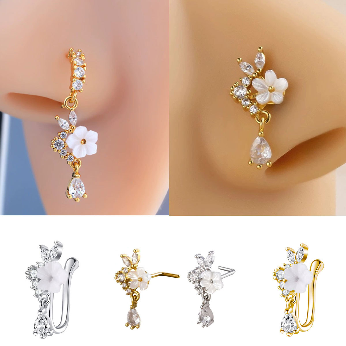 แหวนจมูกดอกไม้สีทองประดับคริสต - Body Jewelry Nose Ring บทวิจารณ์และราคา